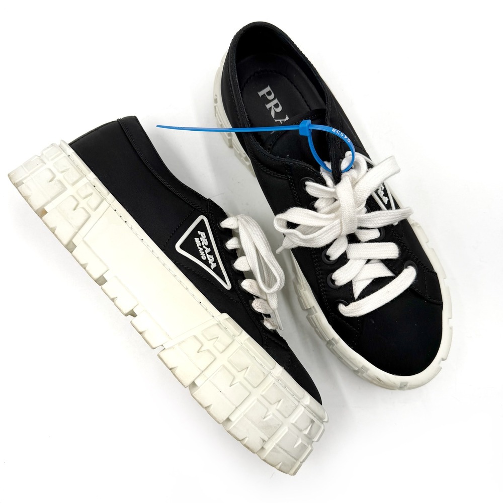 Prada Double Wheel Platform Sneakers Black Re-Nylon White Chunky Sole Sz 39 / 9